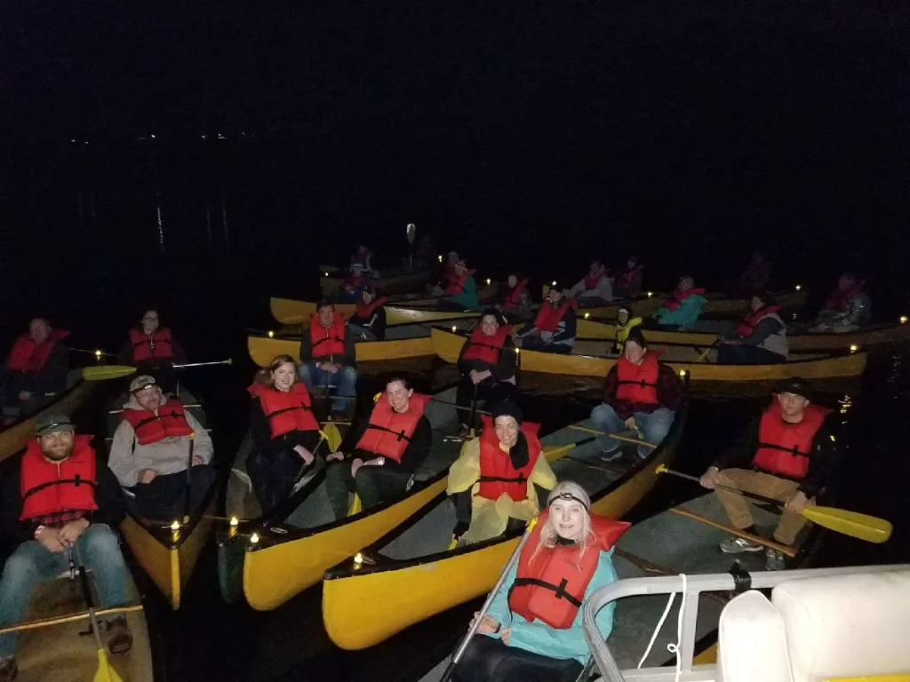 canoes on the water during the haunted canoe trip